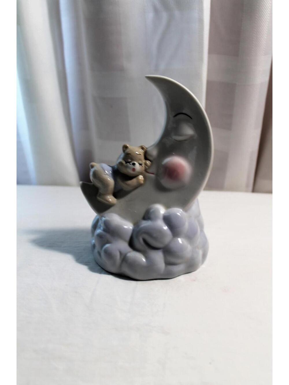 Vintage Ceramic Teddy Bear on Man in the Moon Night Light, with New Fixture